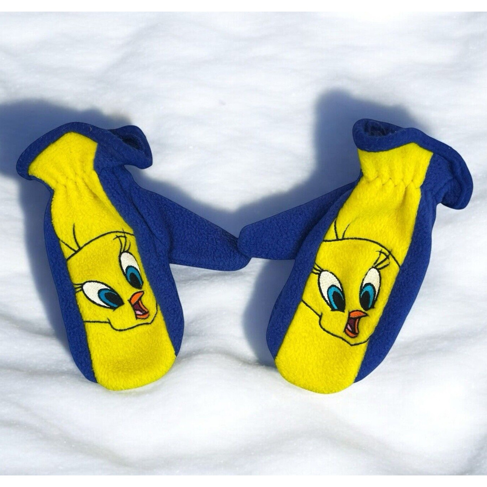 VTG 90s Looney Tunes Tweety Bird Fleece Mittens Boys Girls Embroidered